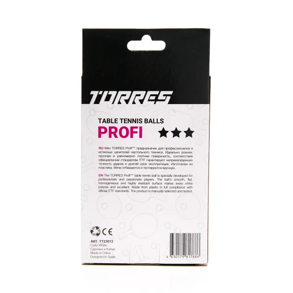 Мяч для наст. тенниса TORRES Profi 3*, TT23012, диам. 40+мм, упак. 6 шт, белый за 338.30 ₽ в Саратове